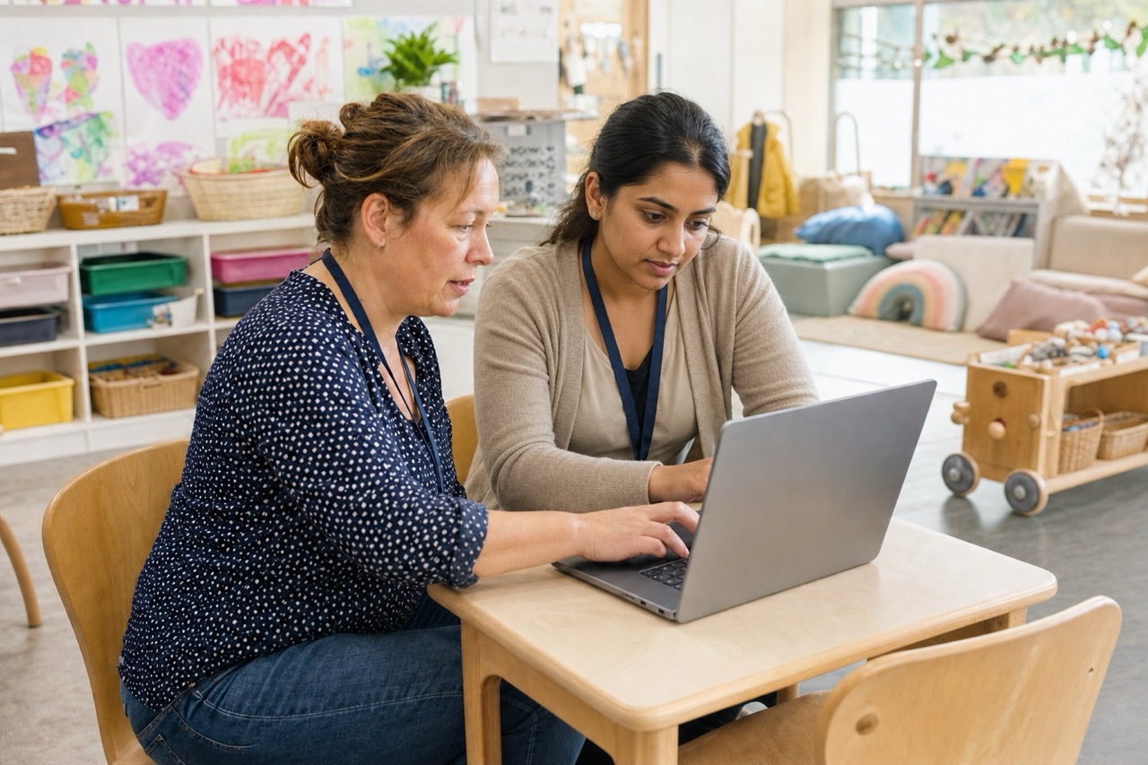 Two practitioners sitting together at a laptop in a nursery room