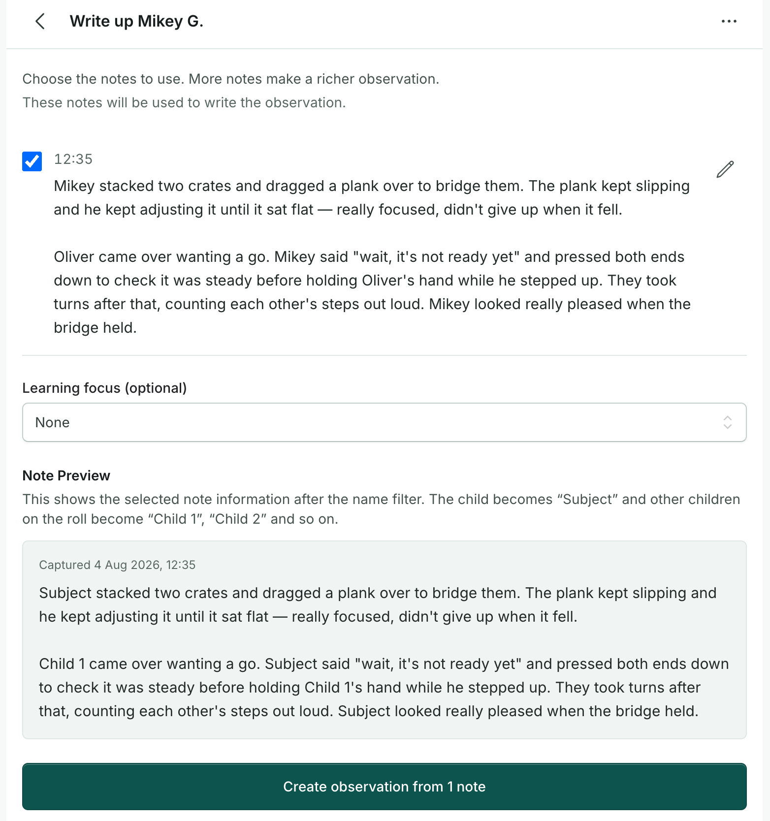 The review gate — a preview of exactly what will be sent, with children's names removed, and the Create observation button, so the practitioner sees precisely what will go.