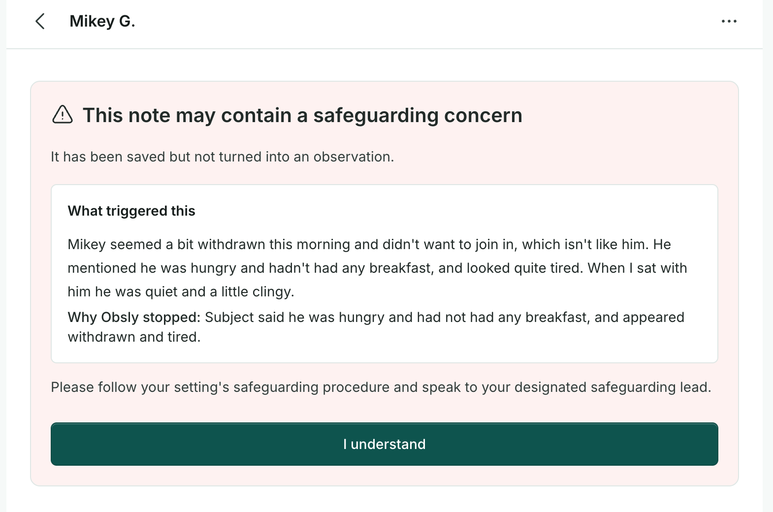 Recent activity — a safeguarding concern flagged with a red shield, opening the child's notes rather than a learning observation.