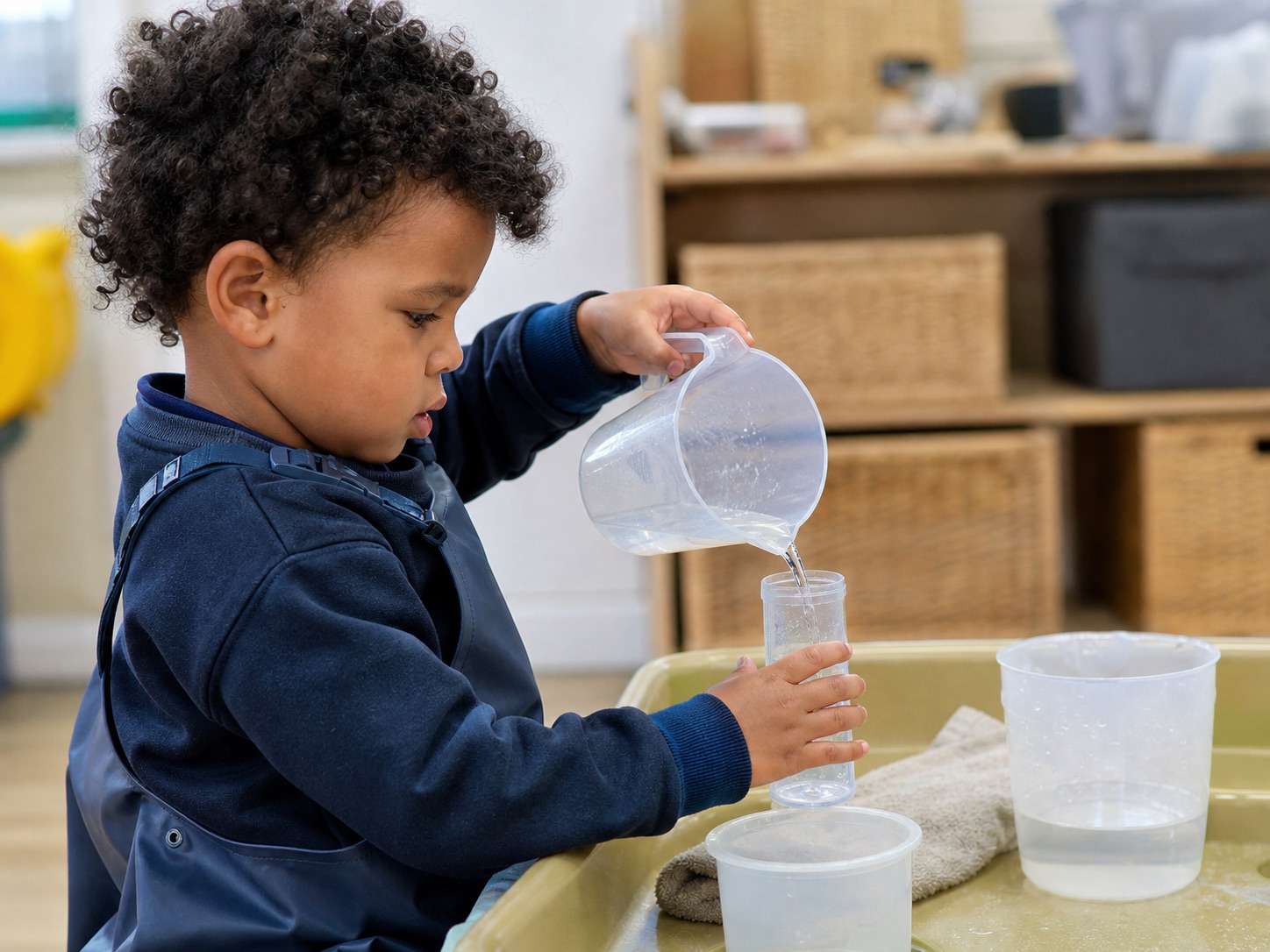 A child concentrating hard as they carefully stack objects, absorbed in the challenge