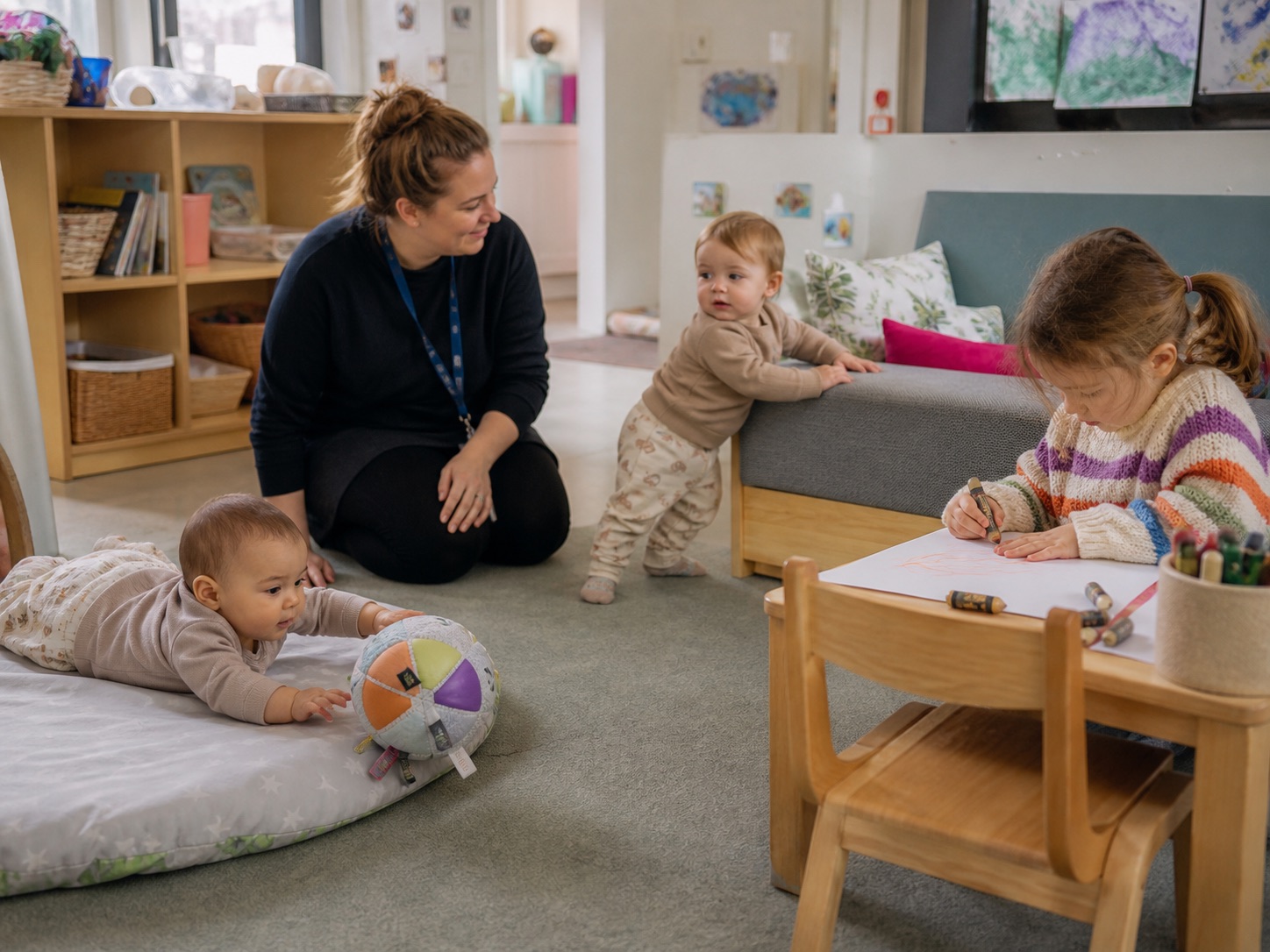 Children of different ages — a baby, a toddler and a preschooler — each at age-appropriate play, a practitioner nearby