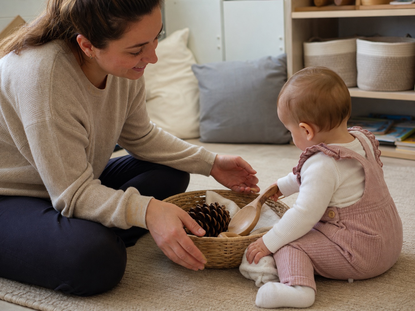 A practitioner sitting on the floor as a baby explores a treasure basket of natural objects