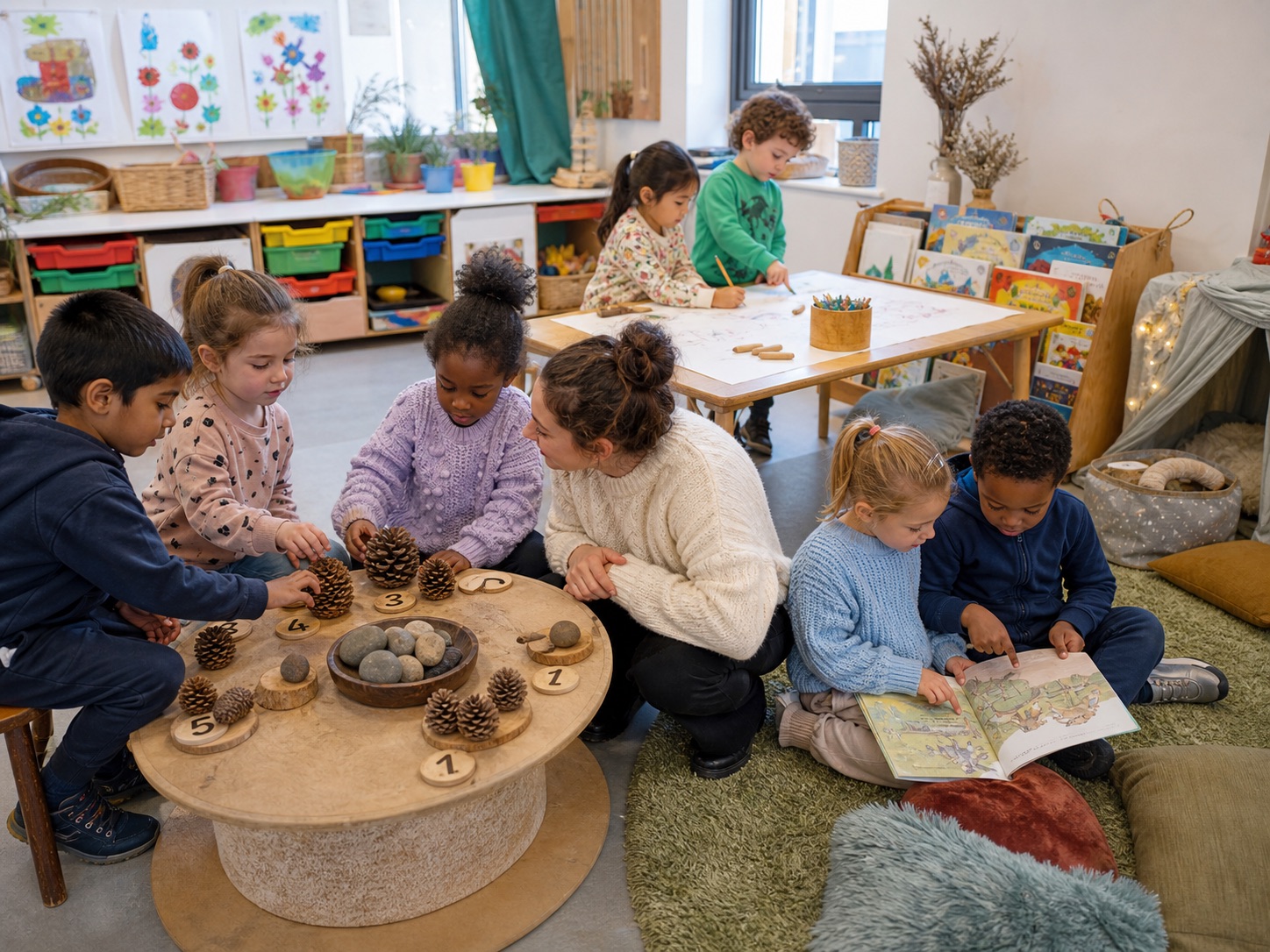 Reception-aged children counting natural objects and sharing a picture book through play