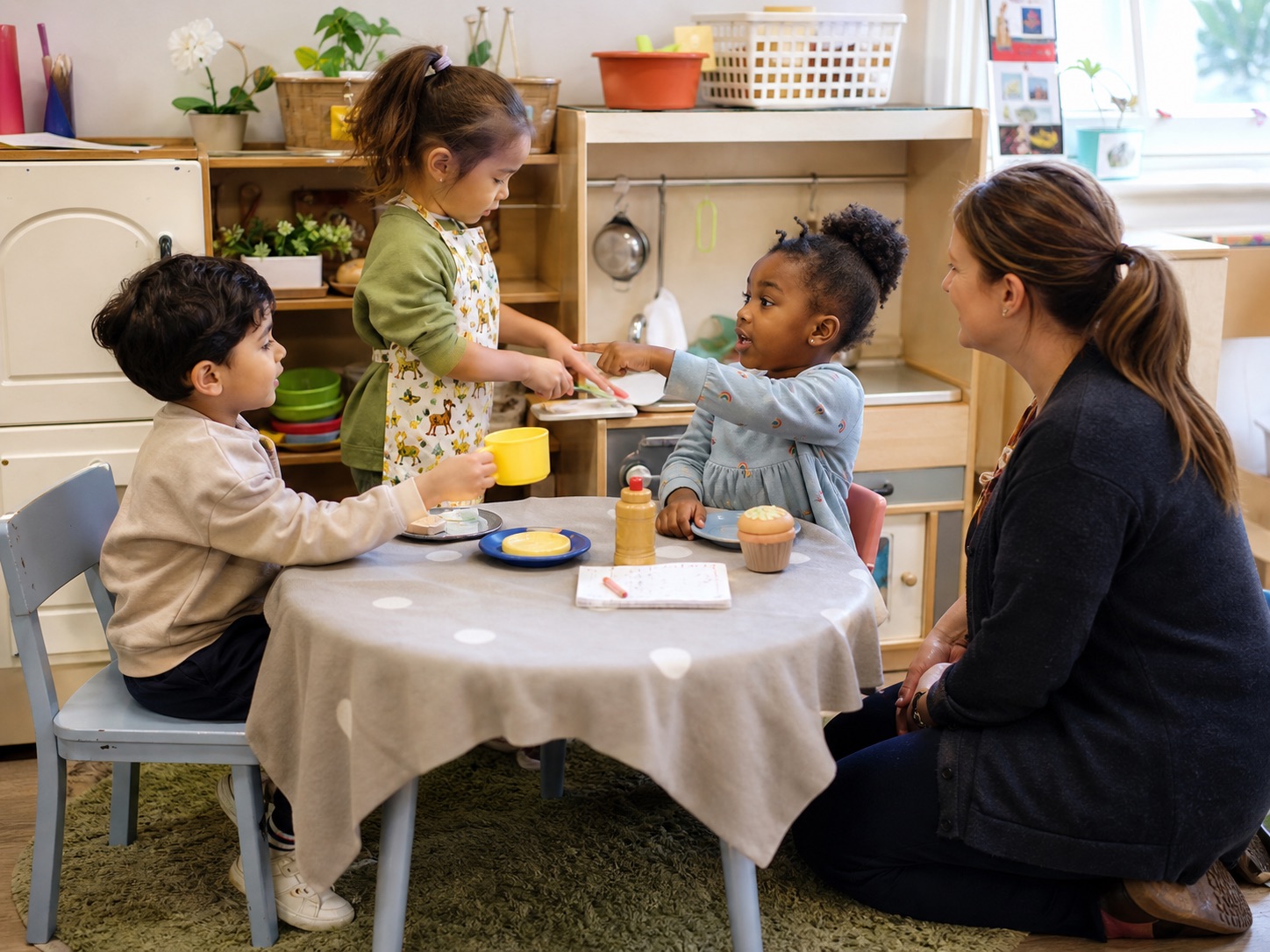 Preschoolers cooperating in imaginative play at a wooden play kitchen, a practitioner nearby