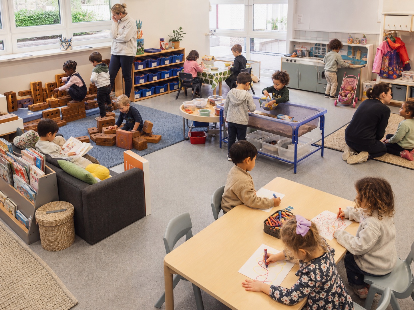 A nursery room organised into distinct play areas, with children engaged across them