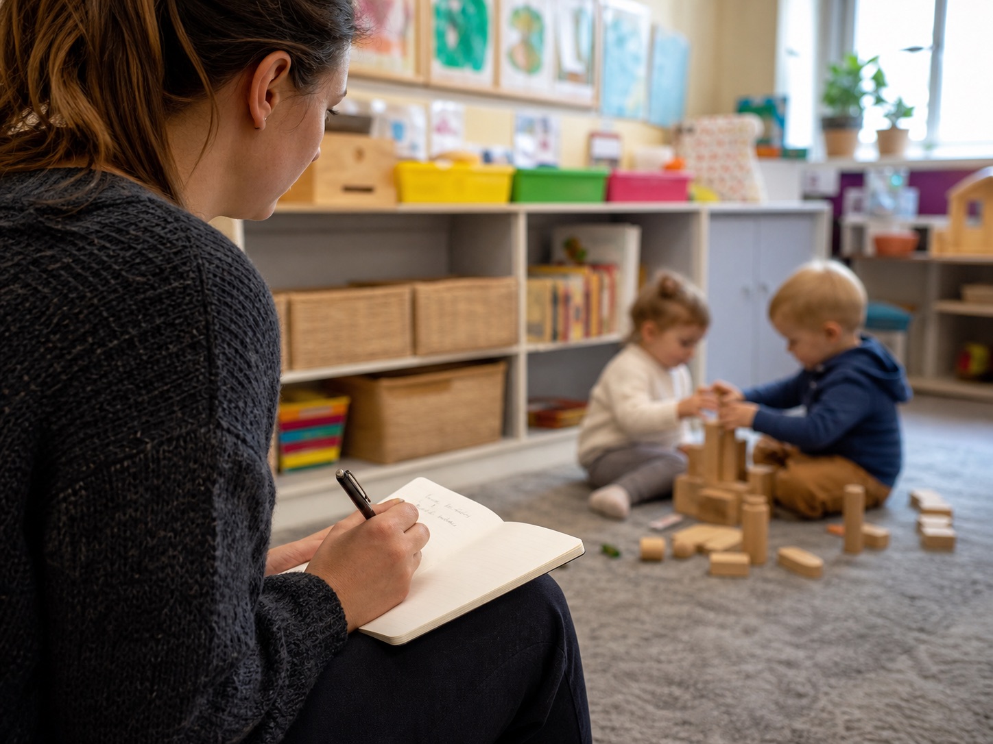 A practitioner jotting a note in a small notebook while two toddlers build with wooden blocks nearby