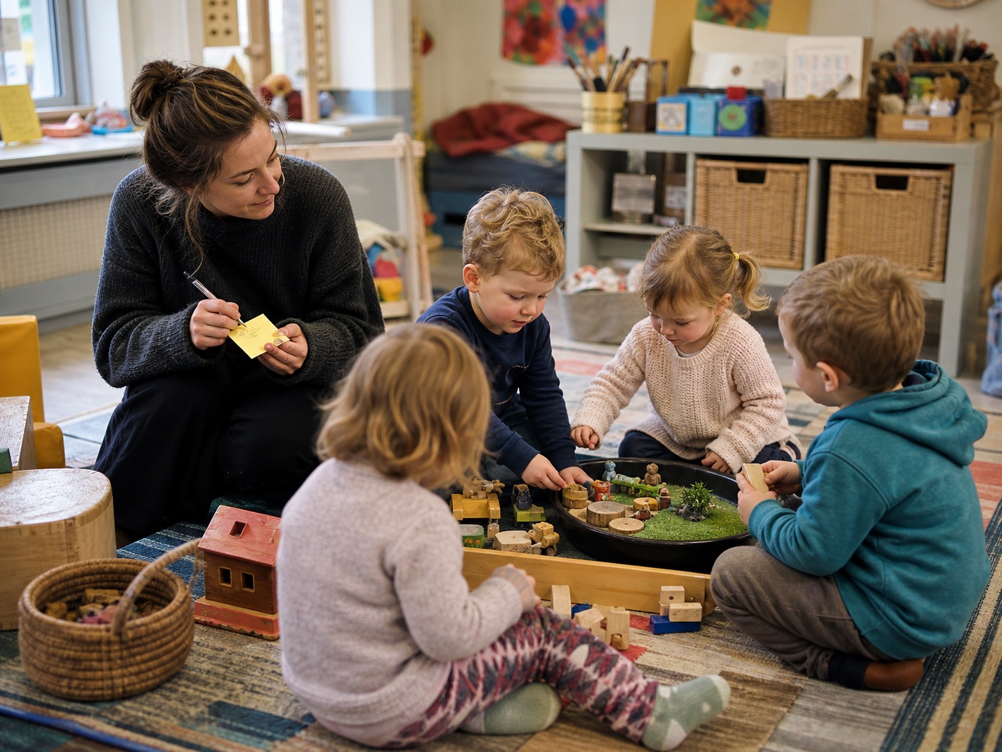 A practitioner watching a group of children at play, a note and pen in hand