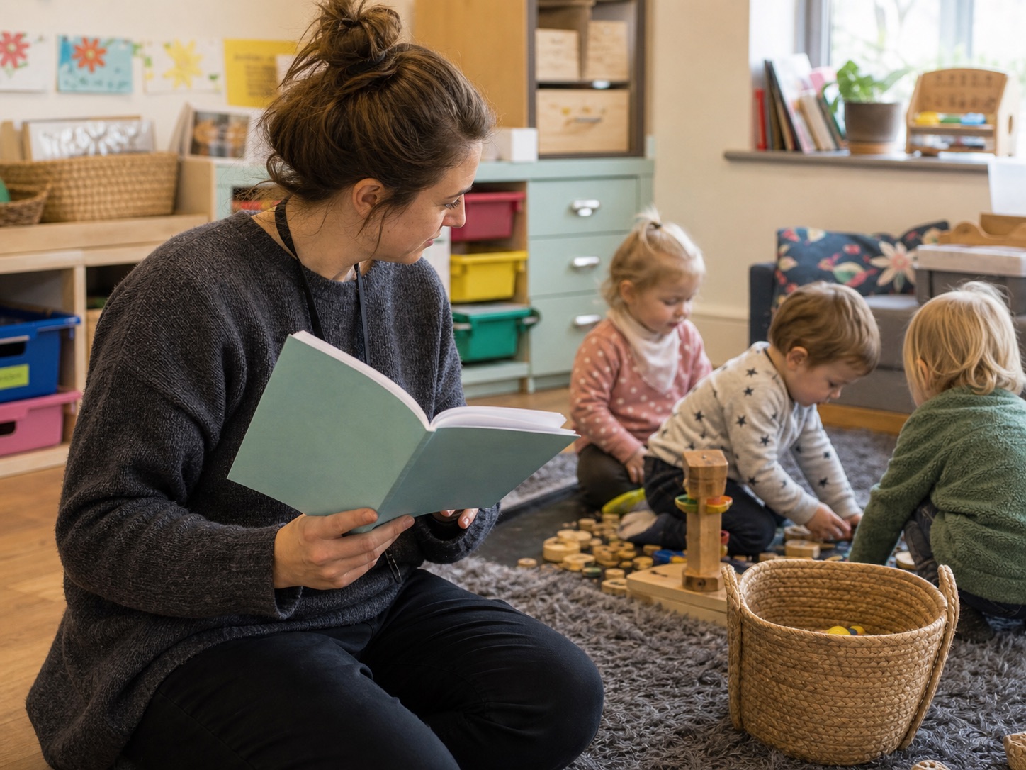 A practitioner holding an open guidance booklet while children play in a nursery room