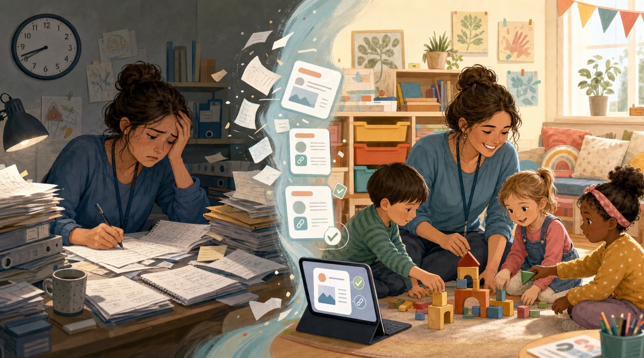 A practitioner buried in handwritten paperwork on one side, and on the other, back with the children as their notes turn into written observations