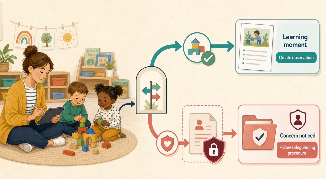 A captured moment branching two ways: an ordinary learning moment becomes an observation, while a safeguarding concern is routed to the setting's procedure instead