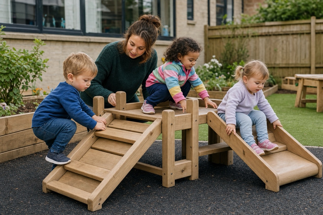 A practitioner steadying children as they climb a low wooden frame in a nursery garden