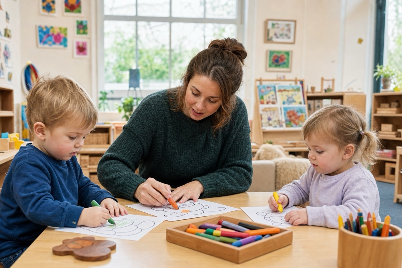 A practitioner at a low table with two children drawing with wax crayons