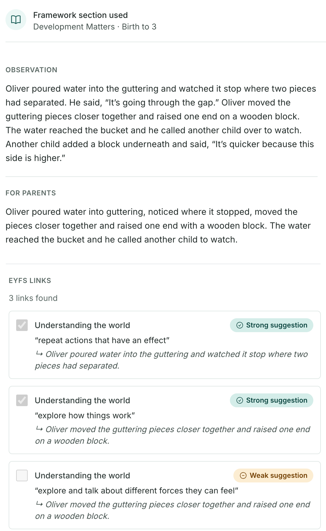 The same observation screen on a narrow display: the framework section used, the written observation — in which the child Amara, named in the note above, appears only as &ldquo;another child&rdquo; — a parent-friendly summary, and its three Development Matters links, two ticked as strong suggestions and one left unticked as weak, each quoting the sentence that justifies it.