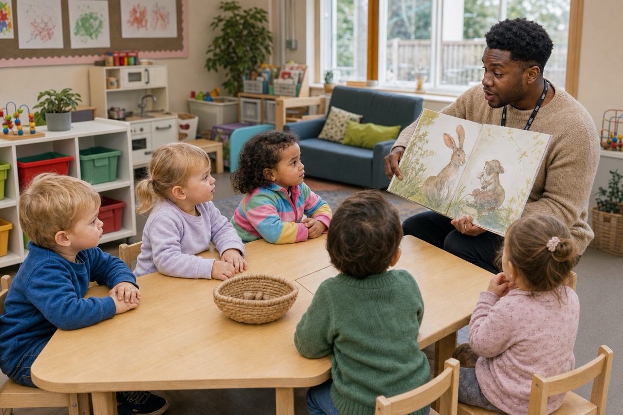 A practitioner sharing a picture book with a small group of children around a table