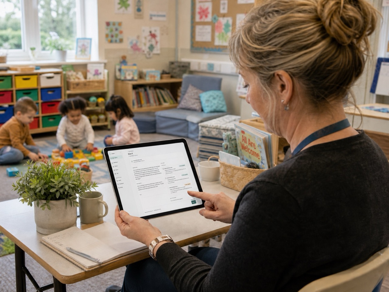 A practitioner reviewing an observation on a tablet while children play in the nursery behind her